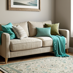 **

A cozy living room interior, bathed in soft natural light. The color palette features beige and light gray walls, accented by turquoise and olive green throw pillows on a comfortable sofa. A textured rug lies on the floor. The overall impression is calm and inviting, emphasizing comfort and style.

**