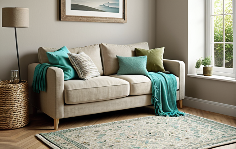 **
A cozy living room interior, bathed in soft natural light. The color palette features beige and light gray walls, accented by turquoise and olive green throw pillows on a comfortable sofa. A textured rug lies on the floor. The overall impression is calm and inviting, emphasizing comfort and style.
**