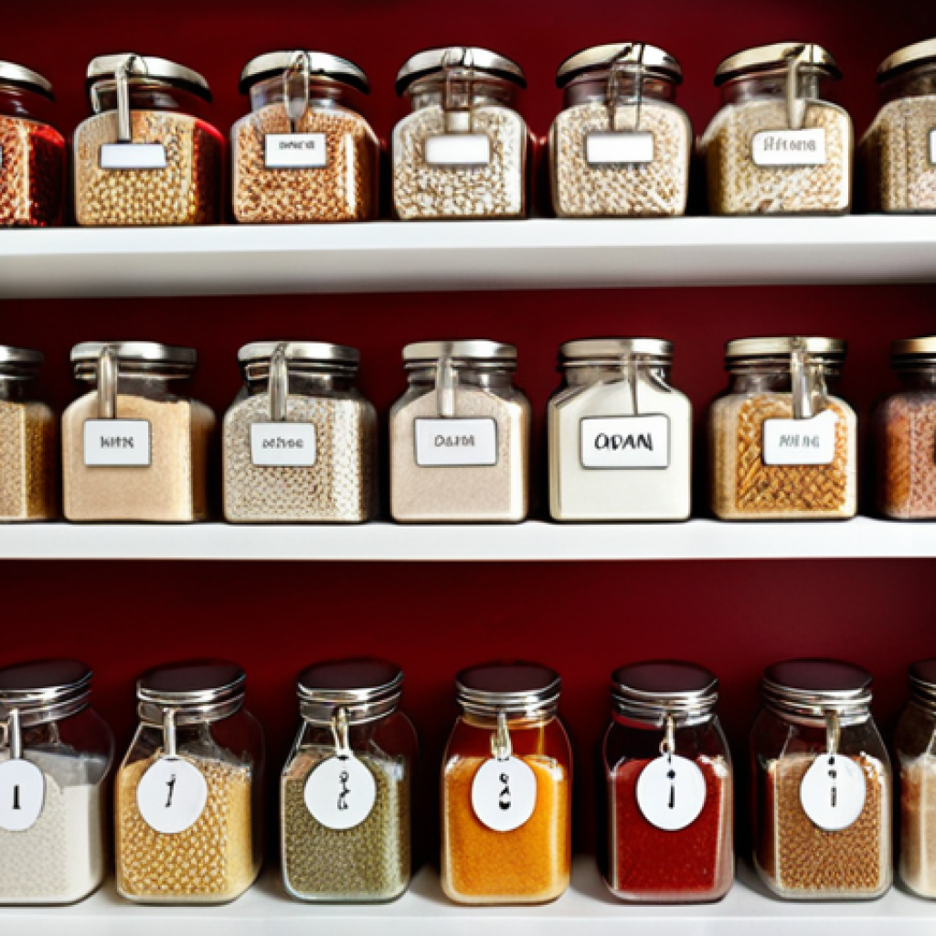 **Image Prompt:** A brightly lit, organized kitchen pantry with clear, labeled hermetic jars containing various grains, flours, and spices. Shelves are neatly arranged with baskets and clearly visible expiration dates on food items. Focus on vibrant colors and a sense of freshness.