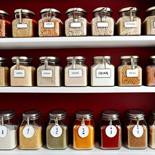 Home 18 **Image Prompt:** A brightly lit, organized kitchen pantry with clear, labeled hermetic jars containing various grains, flours, and spices. Shelves are neatly arranged with baskets and clearly visible expiration dates on food items. Focus on vibrant colors and a sense of freshness.