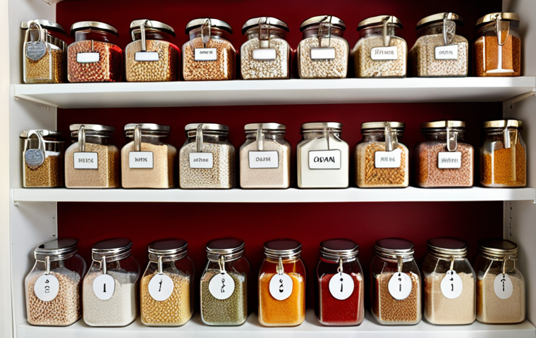**Image Prompt:** A brightly lit, organized kitchen pantry with clear, labeled hermetic jars containing various grains, flours, and spices. Shelves are neatly arranged with baskets and clearly visible expiration dates on food items. Focus on vibrant colors and a sense of freshness.