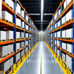 A dynamic, modern warehouse interior, showcasing extreme verticalization with tall, multi-level pallet racks reaching towards the ceiling. Automated Guided Vehicles (AGVs) or VNA forklifts precisely navigate narrow aisles, efficiently moving goods. In the foreground, a vibrant digital dashboard displays real-time Warehouse Management System (WMS) data, symbolizing intelligent inventory management and operational control, with subtle hints of a modern Portuguese or Brazilian city skyline visible through large windows, contrasting the efficient internal flow with a busy urban environment, highlighting a shift from a "money draining" traditional space to a "profit center."