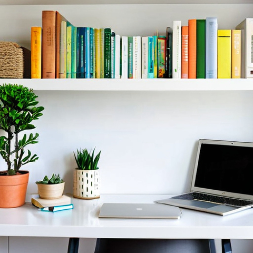 Organized Home Office**
"A bright and airy home office space, featuring a minimalist desk with a laptop, a well-organized bookshelf filled with color-coded books and decorative items, and plants adding a touch of nature. Use clear containers and labeled boxes to show organized storage. The scene should convey a sense of calm and productivity. Perfect anatomy, correct proportions, natural pose, professional quality, safe for work, appropriate content, fully clothed, professional, modest, family-friendly."
**