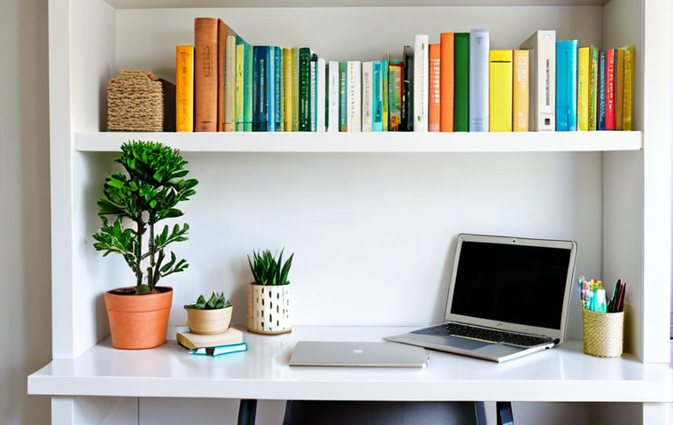 Organized Home Office**
"A bright and airy home office space, featuring a minimalist desk with a laptop, a well-organized bookshelf filled with color-coded books and decorative items, and plants adding a touch of nature. Use clear containers and labeled boxes to show organized storage. The scene should convey a sense of calm and productivity. Perfect anatomy, correct proportions, natural pose, professional quality, safe for work, appropriate content, fully clothed, professional, modest, family-friendly."
**