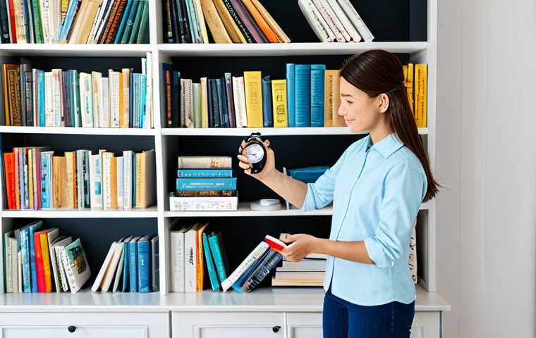 집안 정리를 위한 효과적인 루틴 설정 - The 15-Minute Tidy**
A bright and airy living room, fully clothed woman setting a timer, organizing...