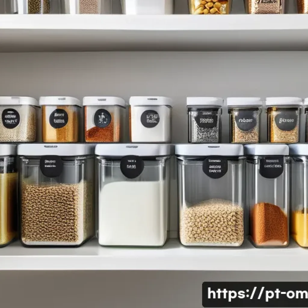 홈 오가니제이션을 위한 필수 아이템 리스트 - A brightly lit, modern kitchen pantry, impeccably organized with clear, uniform, airtight containers...