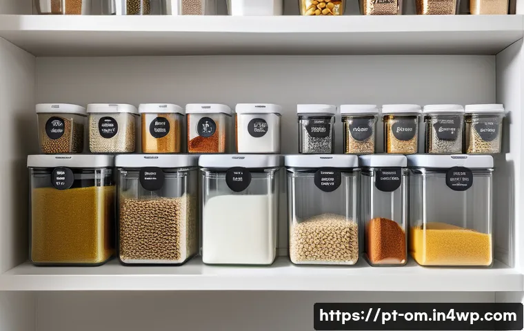 홈 오가니제이션을 위한 필수 아이템 리스트 - A brightly lit, modern kitchen pantry, impeccably organized with clear, uniform, airtight containers...