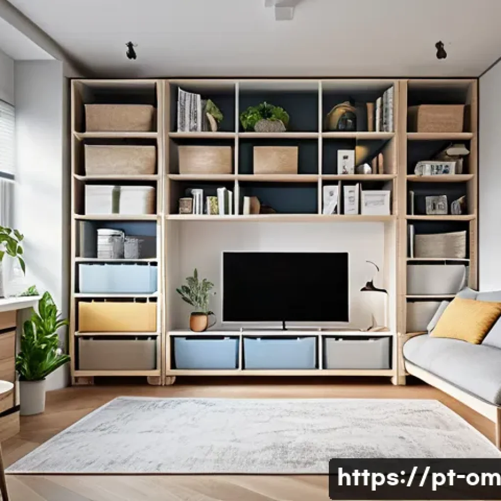 정리와 청소의 연결고리 이해하기 - A modern, cozy small apartment living room showcasing smart organization: multifunctional furniture ...