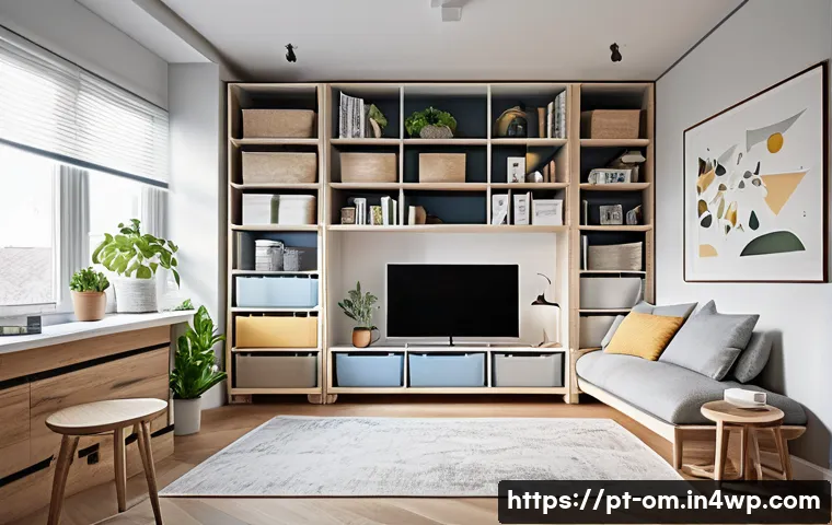 정리와 청소의 연결고리 이해하기 - A modern, cozy small apartment living room showcasing smart organization: multifunctional furniture ...