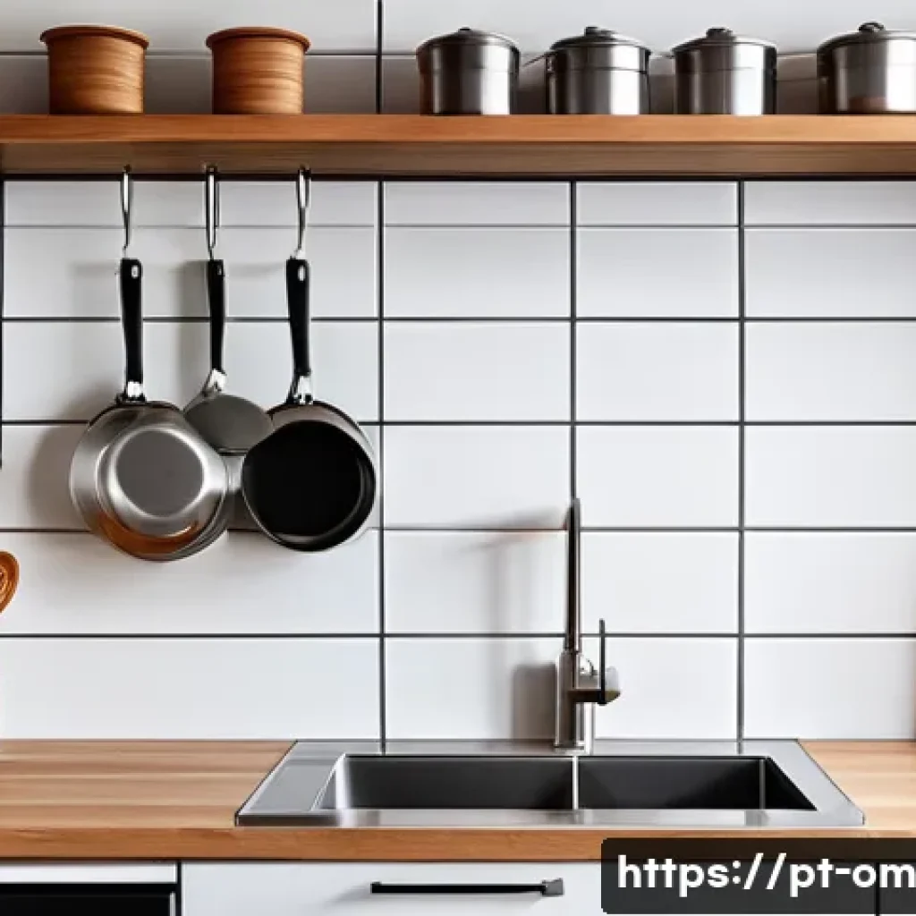 효율적인 주방 수납 아이디어 - A modern kitchen scene featuring suspended shelves installed above a sleek sink area, holding variou...