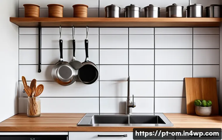 효율적인 주방 수납 아이디어 - A modern kitchen scene featuring suspended shelves installed above a sleek sink area, holding variou...