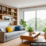 홈 오가니제이션을 위한 계획 세우기 - A modern, cozy Brazilian apartment living room featuring multifunctional furniture such as a sofa-be...