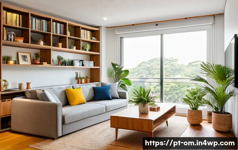 홈 오가니제이션을 위한 계획 세우기 - A modern, cozy Brazilian apartment living room featuring multifunctional furniture such as a sofa-be...
