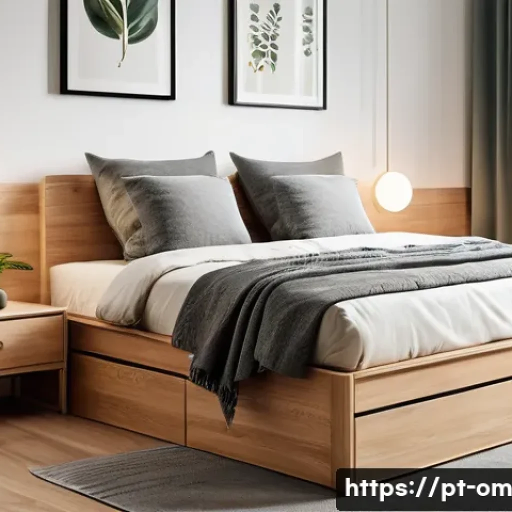 공간을 절약하는 수납장 디자인 - A modern compact bedroom featuring a sleek bed with built-in drawers underneath, showcasing hidden s...