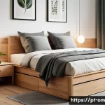 공간을 절약하는 수납장 디자인 - A modern compact bedroom featuring a sleek bed with built-in drawers underneath, showcasing hidden s...