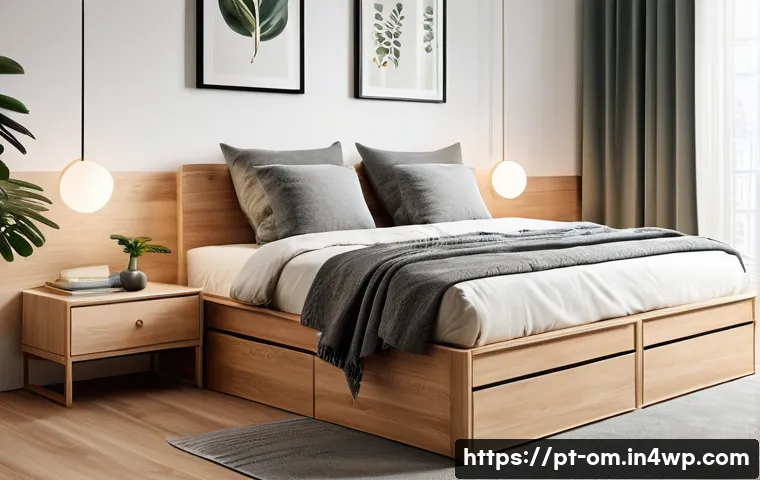 공간을 절약하는 수납장 디자인 - A modern compact bedroom featuring a sleek bed with built-in drawers underneath, showcasing hidden s...