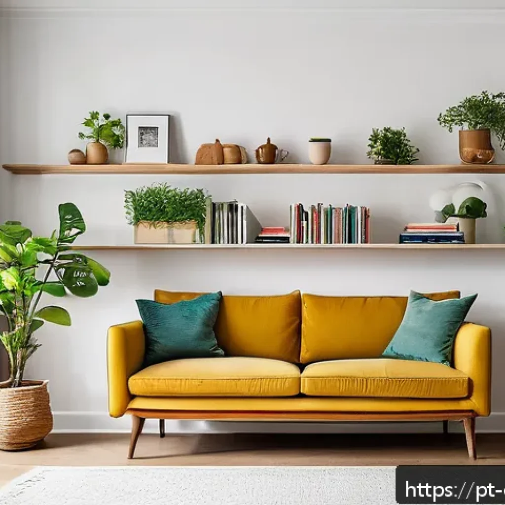 공간을 절약하는 벽면 수납 아이디어 - A modern small apartment living room featuring stylish floating shelves mounted on a clean white wal...