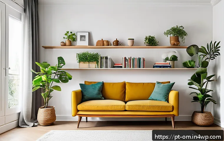 공간을 절약하는 벽면 수납 아이디어 - A modern small apartment living room featuring stylish floating shelves mounted on a clean white wal...