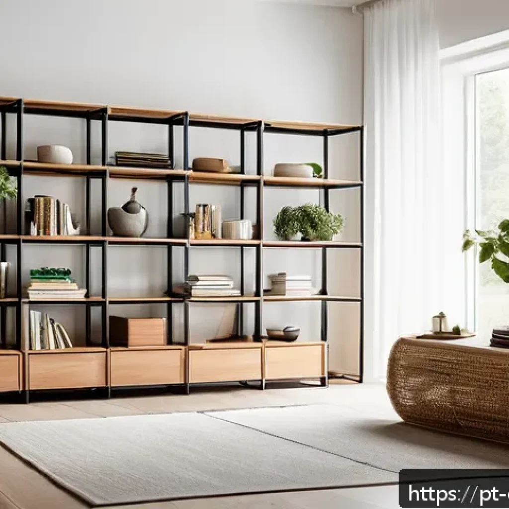 공간 절약을 위한 정리 도구 소개 - A modern living room featuring a large modular shelving unit made of light wood and black metal acce...