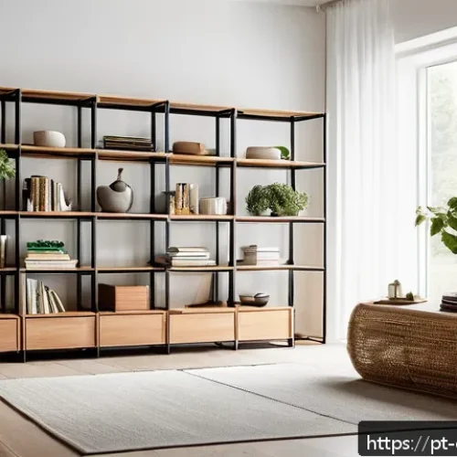 공간 절약을 위한 정리 도구 소개 - A modern living room featuring a large modular shelving unit made of light wood and black metal acce...
