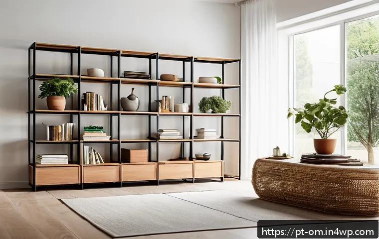 공간 절약을 위한 정리 도구 소개 - A modern living room featuring a large modular shelving unit made of light wood and black metal acce...