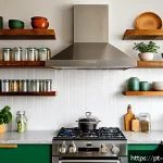 주방 기구를 공간 효율적으로 배치하는 법 - A modern Brazilian kitchen interior showcasing vertical space utilization with stylish overhead shel...