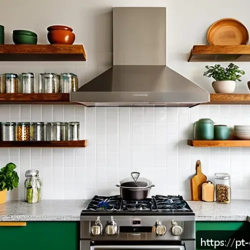 주방 기구를 공간 효율적으로 배치하는 법 - A modern Brazilian kitchen interior showcasing vertical space utilization with stylish overhead shel...