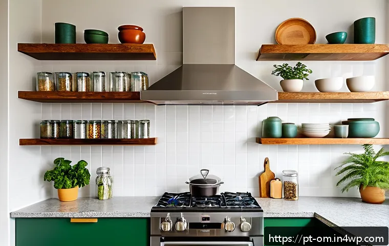 주방 기구를 공간 효율적으로 배치하는 법 - A modern Brazilian kitchen interior showcasing vertical space utilization with stylish overhead shel...